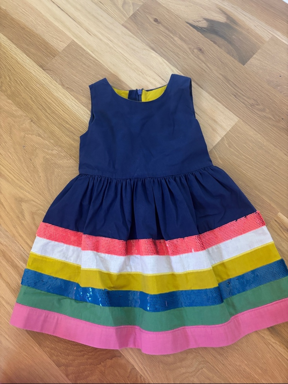 Mini Boden - Navy Sleeveless Dress with Rainbow Stripe Skirt - sequins